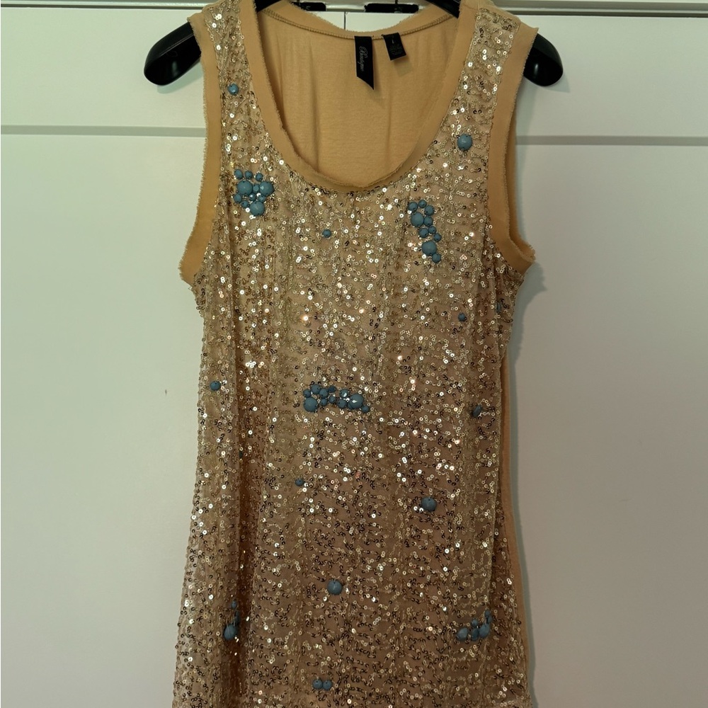 BKE Gold Sequin Tank Top with Blue Accents